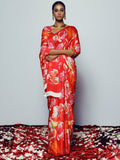 Red abstract floral saree set