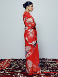 Red botanic floral saree set