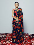 Abstract black floral saree set