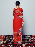 Red botanic floral saree set