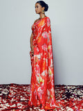 Red abstract floral saree set