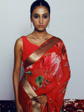 Red watercolor floral saree set