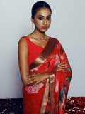 Red watercolor floral saree set
