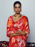 Red abstract floral saree set