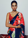 Navy abstract floral saree set