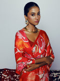Red abstract floral saree set