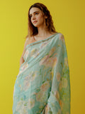Turquoise blue floral saree set