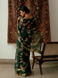 Emerald green floral jaal saree set