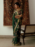 Emerald green floral jaal saree set