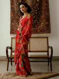 Large red floral bunch saree set