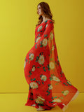 Red abstract floral saree set