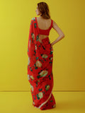 Red abstract floral saree set