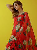 Red abstract floral saree set