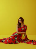 Red abstract floral saree set