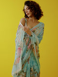 Light blue watercolor floral saree set