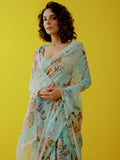 Light blue watercolor floral saree set