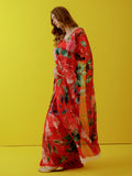 Large red watercolor floral saree set