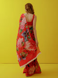 Large red watercolor floral saree set