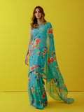 Torquish blue water colour floral saree set