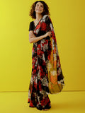 Black abstract floral saree set