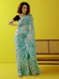 Sea blue abstract floral saree set