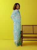 Sea blue abstract floral saree set
