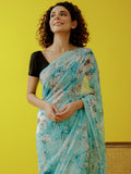 Sea blue abstract floral saree set
