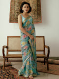 Light blue watercolor floral saree set