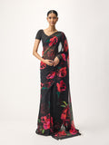 Black abstract floral saree