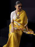 Bright yellow Kanjivaram floral print saree