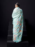 Coral blue Kanjivaram floral print saree