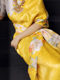 Bright yellow Kanjivaram floral print saree
