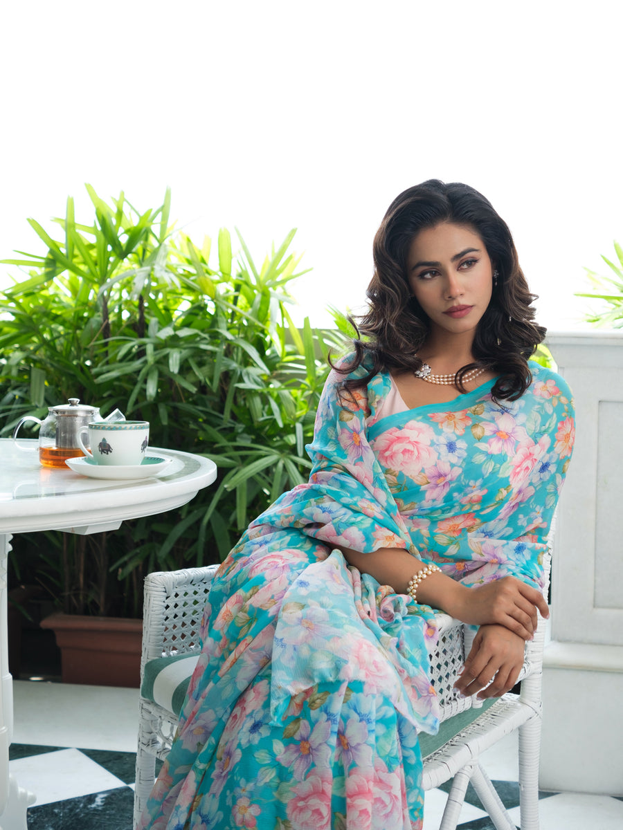 Sky Blue Flower Printed Color Silk Saree