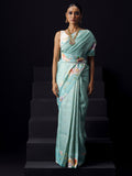Coral blue Kanjivaram floral print saree