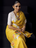 Bright yellow Kanjivaram floral print saree