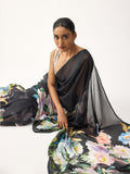 Black abstract floral saree