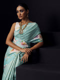 Coral blue Kanjivaram floral print saree