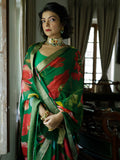 Emerald green large floral bunch saree set