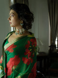 Emerald green large floral bunch saree set