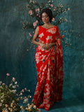 Red abstract floral saree set