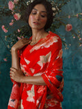 Red abstract floral saree set