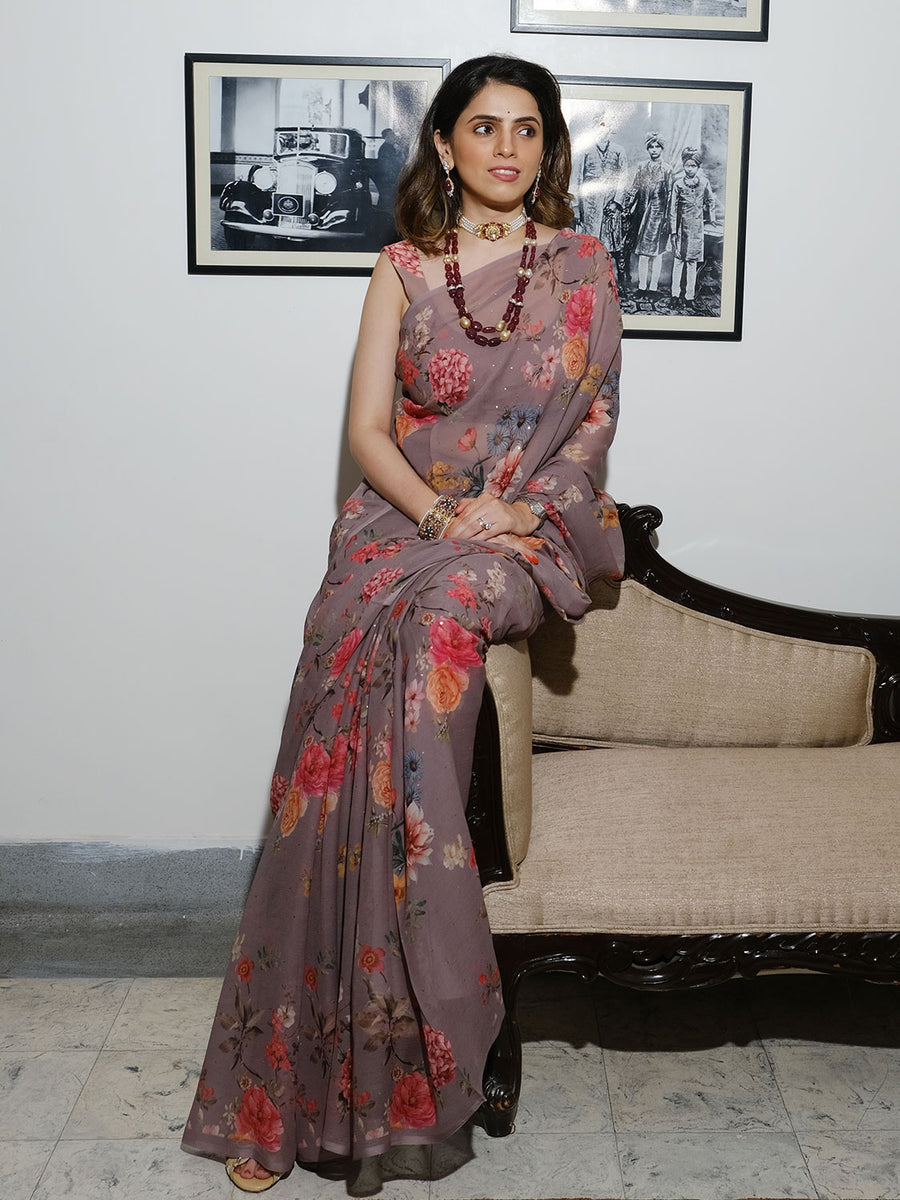 Mouse color floral saree set thesilkstory