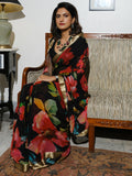 Black large floral bunch saree set