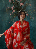 Red abstract floral saree set