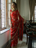 Red floral wreath saree set