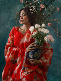 Red abstract floral saree set