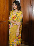 Mustard watercolor floral saree set