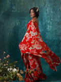 Red abstract floral saree set