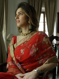 Red floral wreath saree set