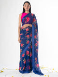 Deep blue floral saree set